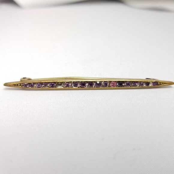 Vintage Skinny Pink Purple Rhinestone Bar Brooch, Gold Tone Setting, Estate - Picture 1 of 8